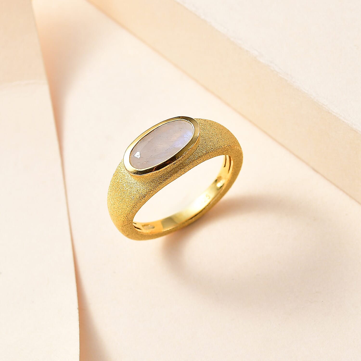 Moon Glow Moonstone Solitaire Ring in 18K YG Vermeil Plated Sterling Silver 1.18 Ct