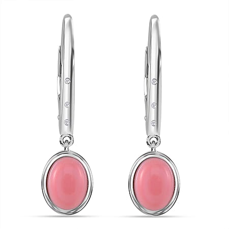 Pink Conch Shell, White Zircon  Solitaire Lever Back Earrings in Rhodium Overlay Sterling Silver, 3.120  Ct.