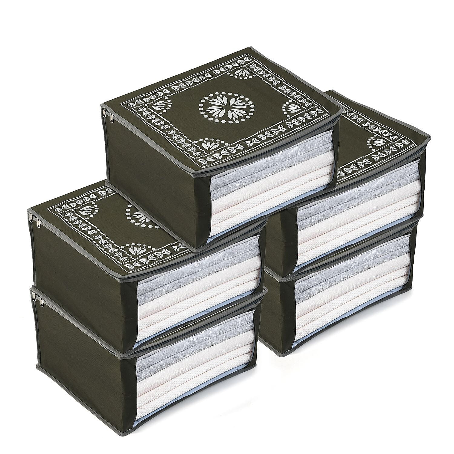 Patterned Storage Box (Size 51x43x22 cm) - Olive Green & Navy