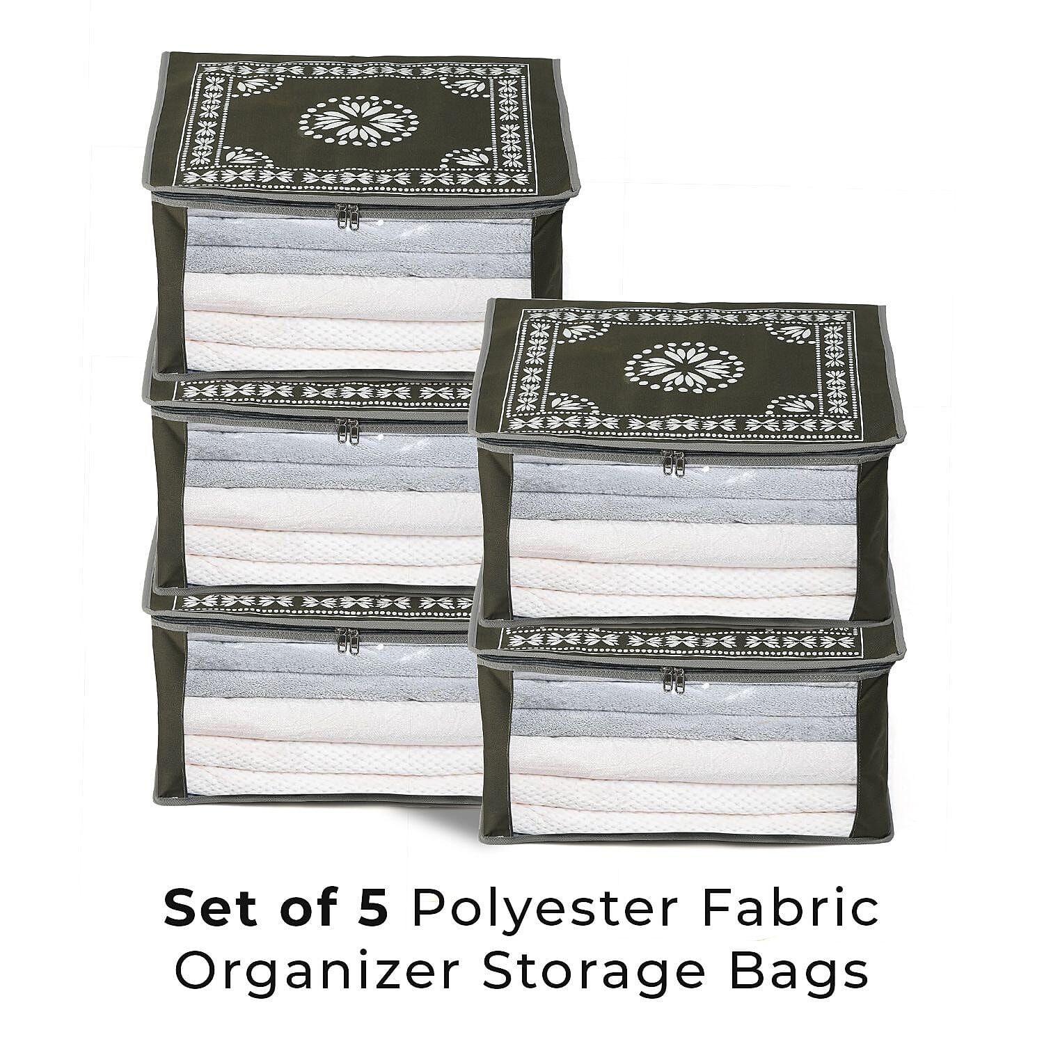 Patterned Storage Box (Size 51x43x22 cm) - Olive Green & Navy