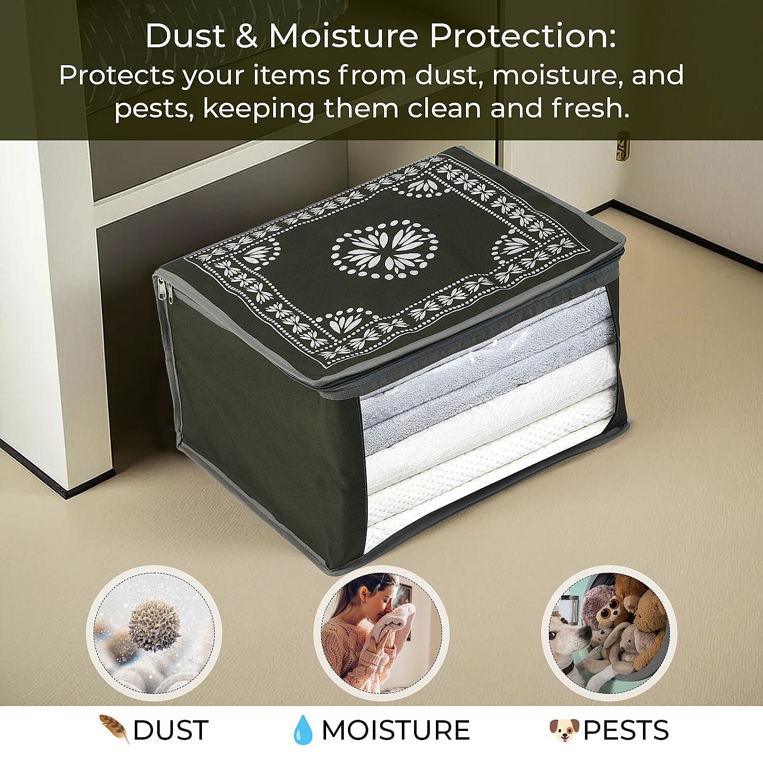 Patterned Storage Box (Size 51x43x22 cm) - Olive Green & Navy