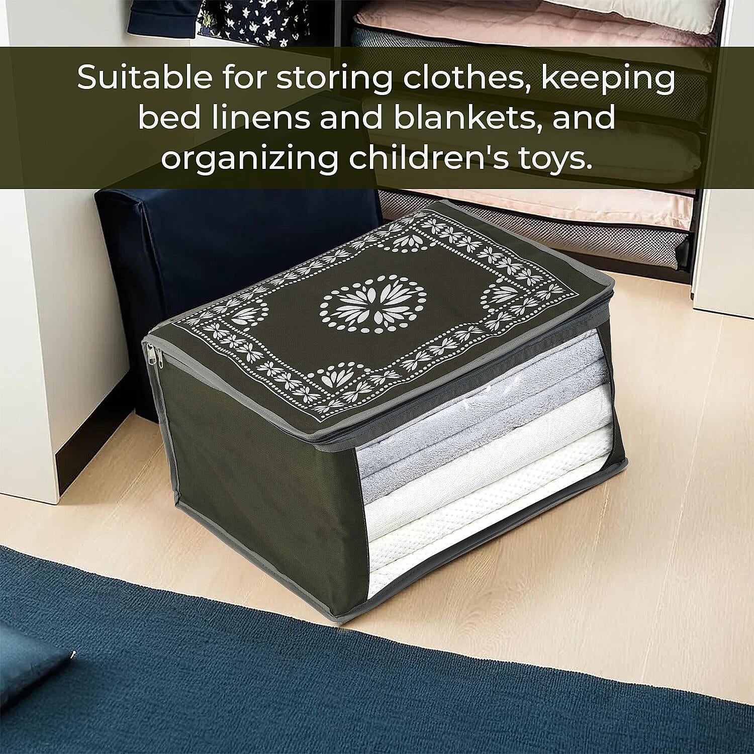 Patterned Storage Box (Size 51x43x22 cm) - Olive Green & Navy