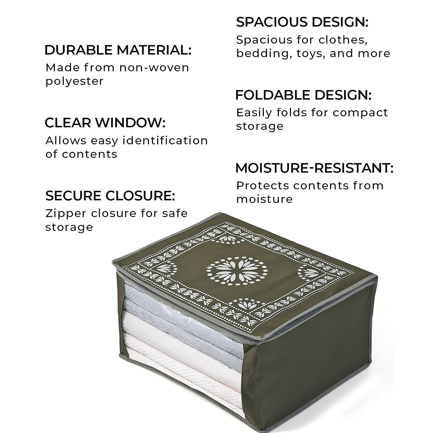 Patterned Storage Box (Size 51x43x22 cm) - Olive Green & Navy