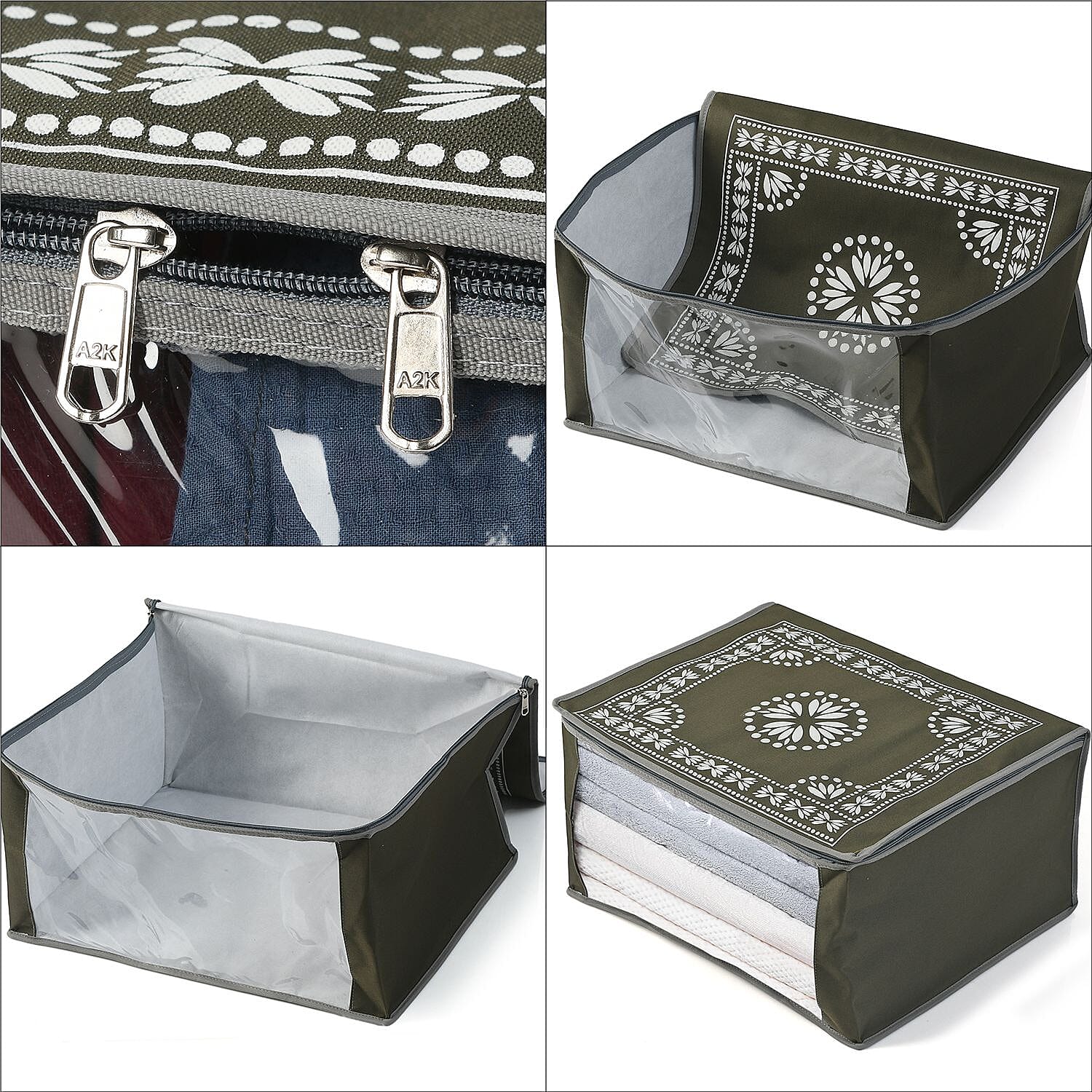 Patterned Storage Box (Size 51x43x22 cm) - Olive Green & Navy