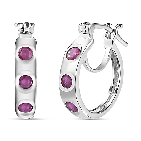 Fissure Filled Ruby J Hoop Half Hoop Earrings in Platinum Overlay Sterling Silver