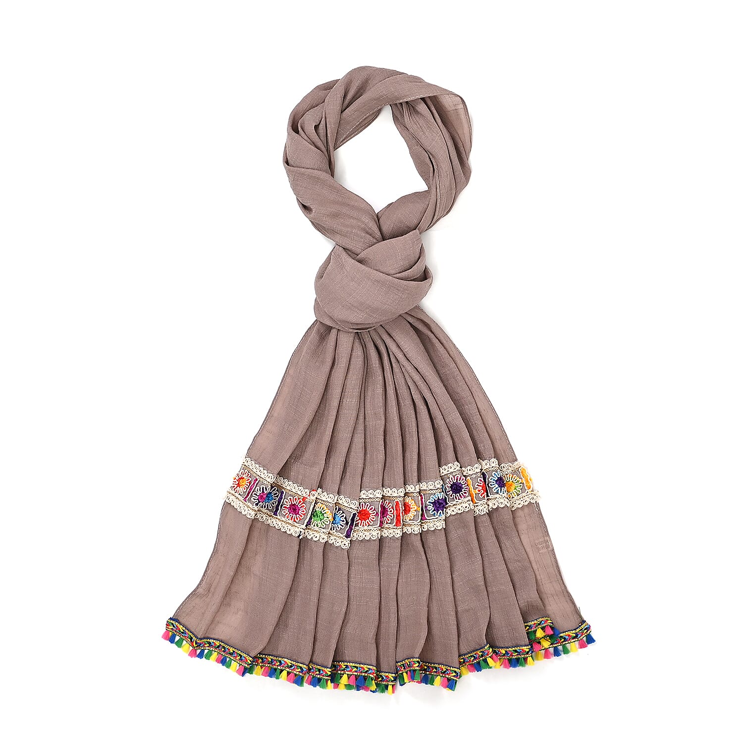 Closeout Deal - Ruffled Beaded Scarf with Faux Pearl - Beige