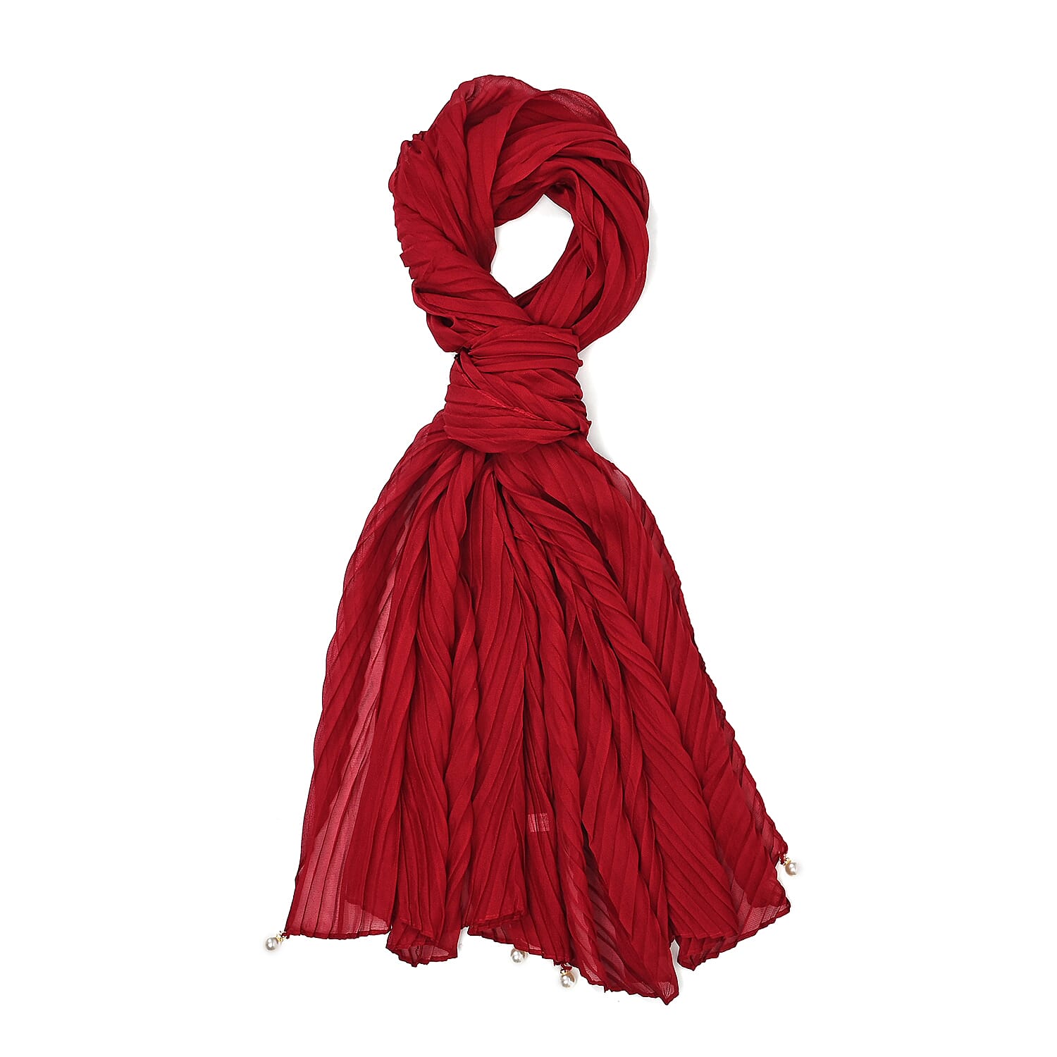 Closeout Deal - Ruffled Beaded Scarf with Faux Pearl - Red