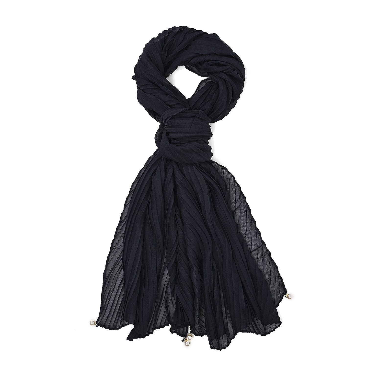 Closeout Deal Ruffled Deaded Scarf with Glass Pearl (Size 180x53) - Navy