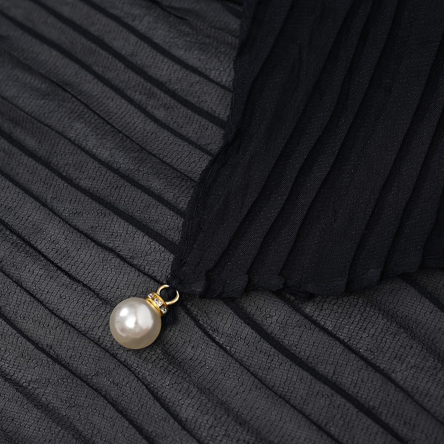 Closeout Deal Ruffled Deaded Scarf with Glass Pearl (Size 180x53) - Navy