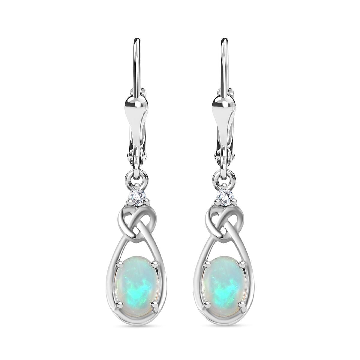 Ethiopian Opal ,  White Zircon  Solitaire Lever Back Earring in Rhodium Overlay Sterling Silver 1.12 ct  1.098  Ct.