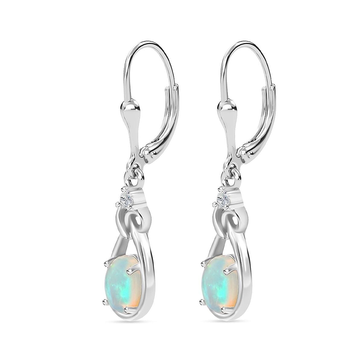 Ethiopian Opal ,  White Zircon  Solitaire Lever Back Earring in Rhodium Overlay Sterling Silver 1.12 ct  1.098  Ct.