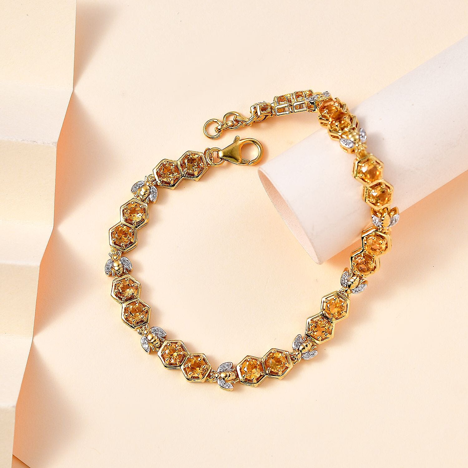 GP HoneyComb Collection - Citrine & Natural Zircon Bracelet (Size - 8) in 18K YG Vermeil Plated Sterling Silver 5.43 Ct.