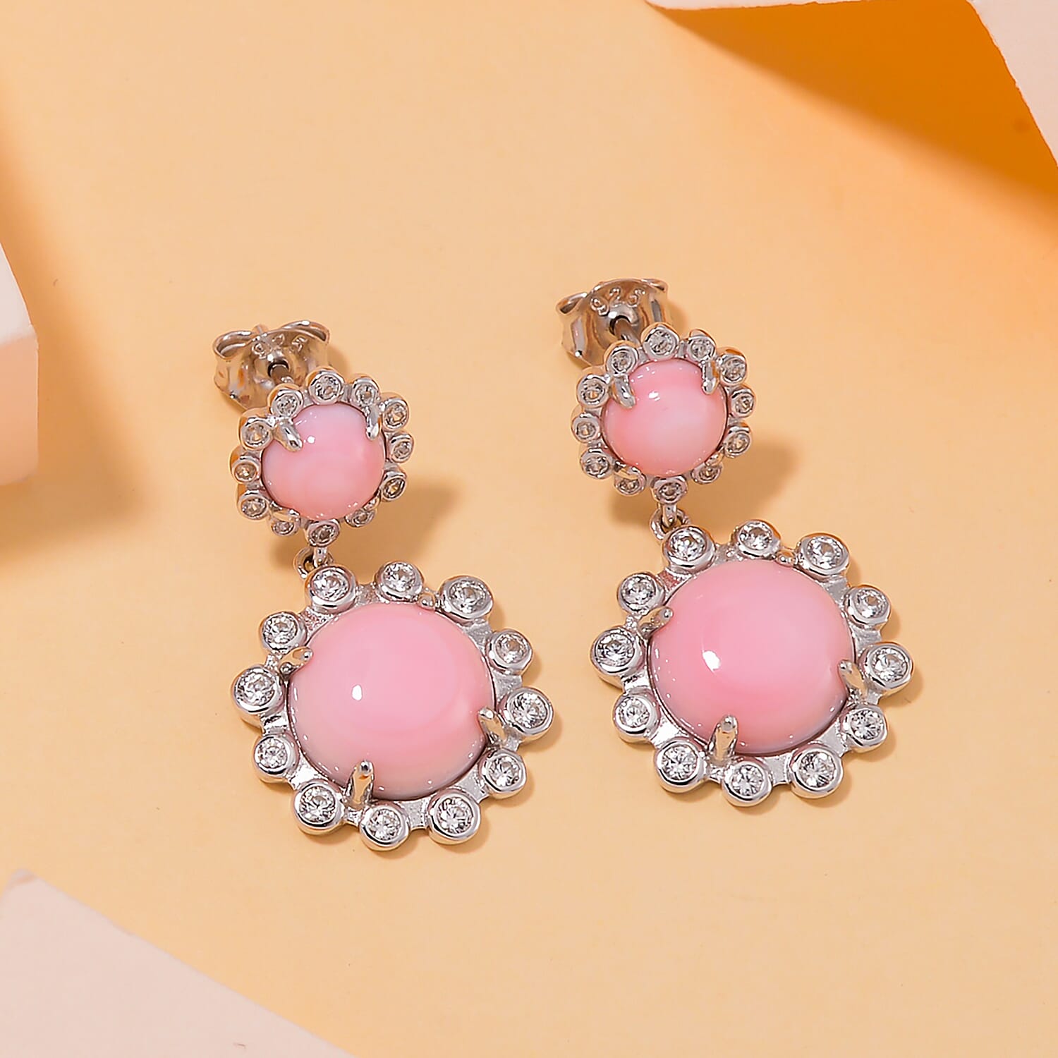 Queen Conch Shell, White Zircon Solitaire Stud Push Post Earring in Rhodium Overlay Sterling Silver 11.22 Ct.