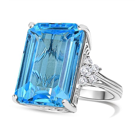 Skyblue Topaz & Natural Zircon Cocktail Ring in Rhodium Overlay Sterling Silver 26.73 Ct.