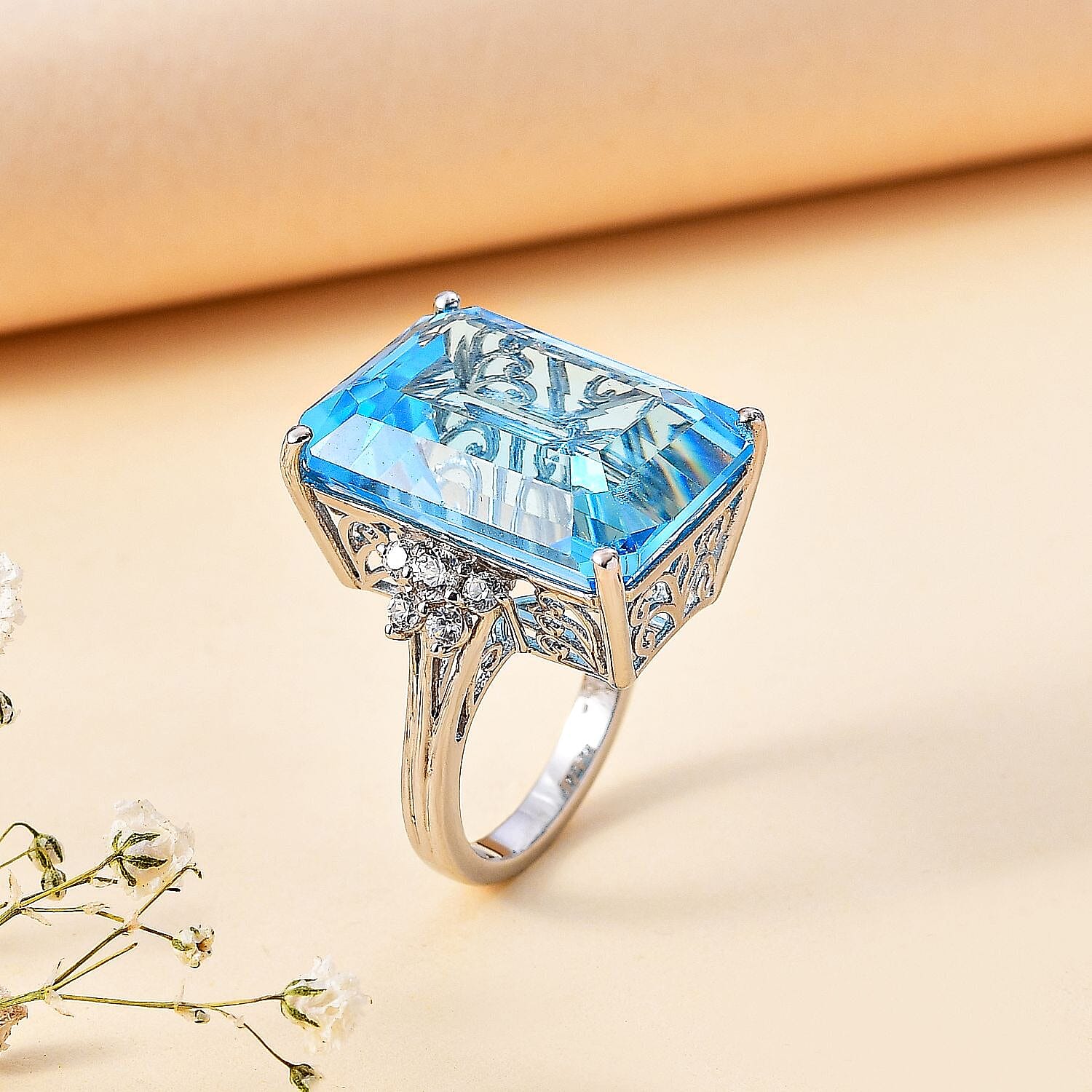 Skyblue Topaz & Natural Zircon Cocktail Ring in Rhodium Overlay Sterling Silver 26.73 Ct.