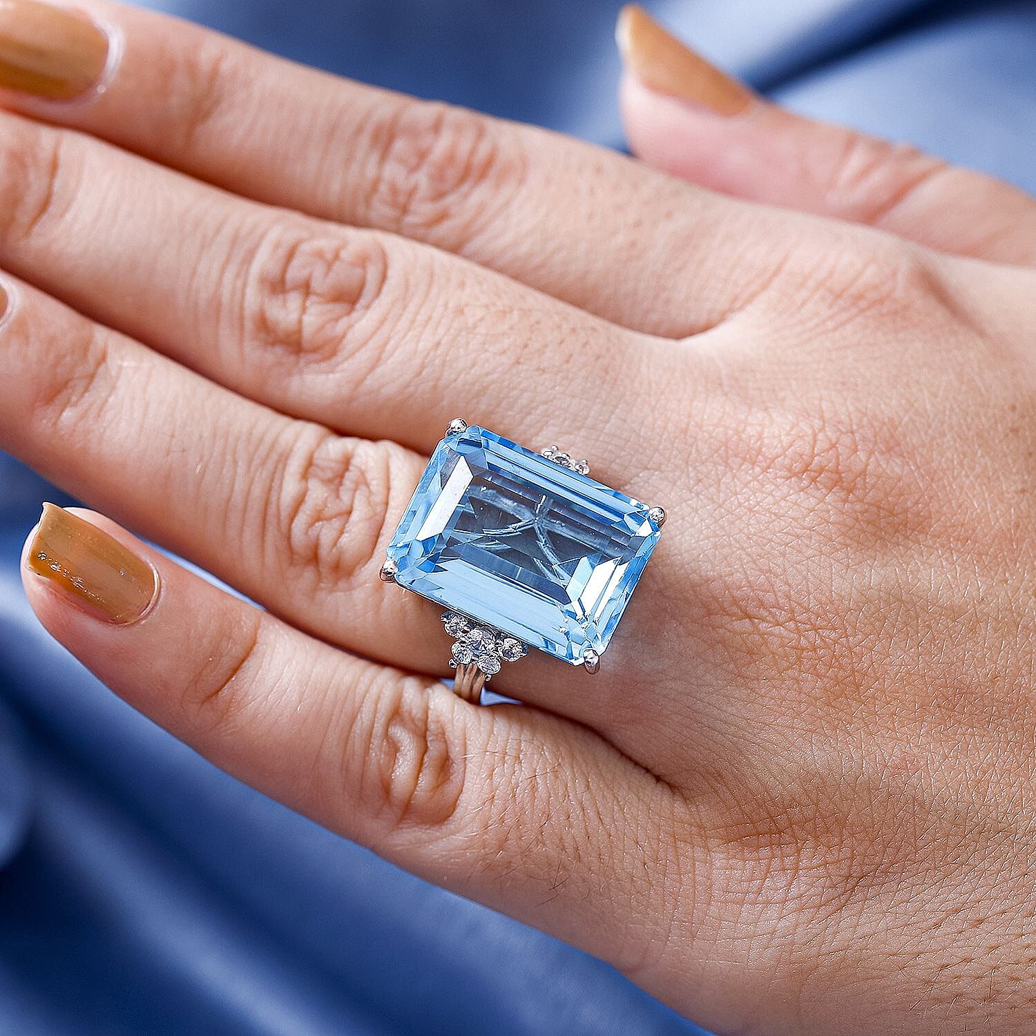 Skyblue Topaz & Natural Zircon Cocktail Ring in Rhodium Overlay Sterling Silver 26.73 Ct.