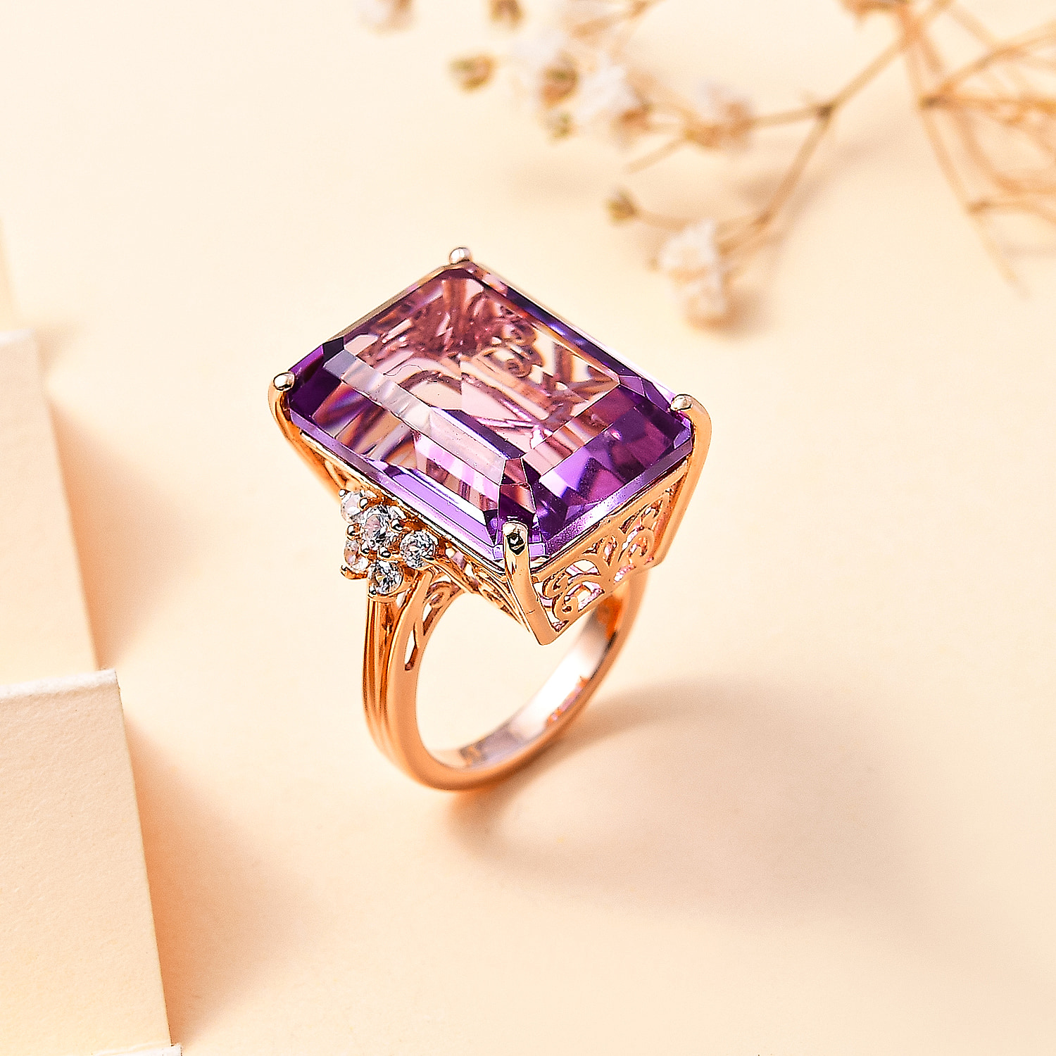 Rose De France Amethyst & Natural Zircon Ring in 18K RG Vermeil Plated Sterling Silver 24.37 Ct,  Silver Wt.5.72 Gms