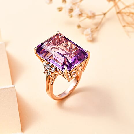Rose De France Amethyst & Natural Zircon Ring in 18K Vermeil Rose Gold Plated Sterling Silver 24.37 Ct.