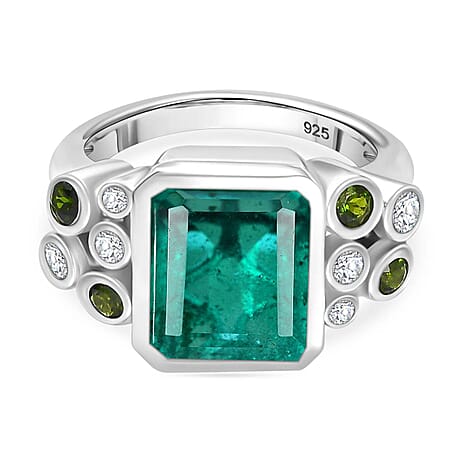 Emeraldine Quartz, Natural Chrome Diopside & Natural Zircon Bubble Ring in Rhodium Overlay Sterling Silver 5.70 Ct.