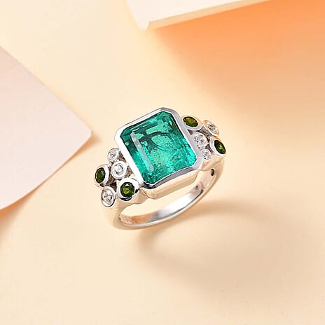 Emeraldine Quartz, Natural Chrome Diopside & Natural Zircon Bubble Ring in Rhodium Overlay Sterling Silver 5.70 Ct.