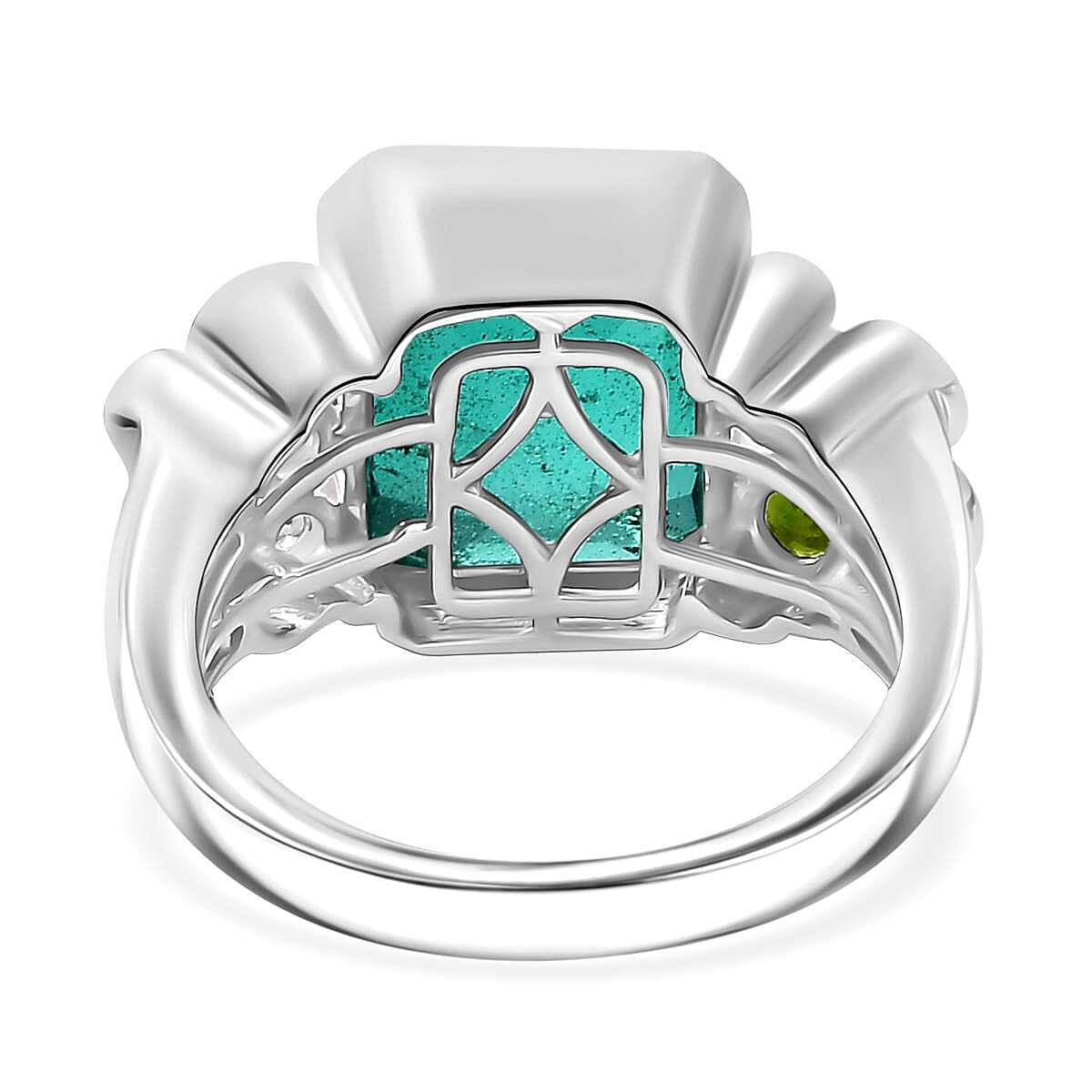 Emeraldine Quartz, Natural Chrome Diopside & Natural Zircon Bubble Ring in Rhodium Overlay Sterling Silver 5.70 Ct. Emeraldine Quartz, Natural Chrome Diopside & Natural Zircon Bubble Ring in Rhodium Overlay Sterling Silver 5.70 Ct.