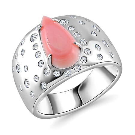 Pink Conch Shell, White Zircon Solitaire Ring in Rhodium Overlay Sterling Silver, Silver Wt. 8 Gms 4.310 Ct.