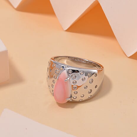 Queen Conch Shell & Zircon Solitaire Ring in Rhodium Overlay Sterling Silver 4.31 Ct.