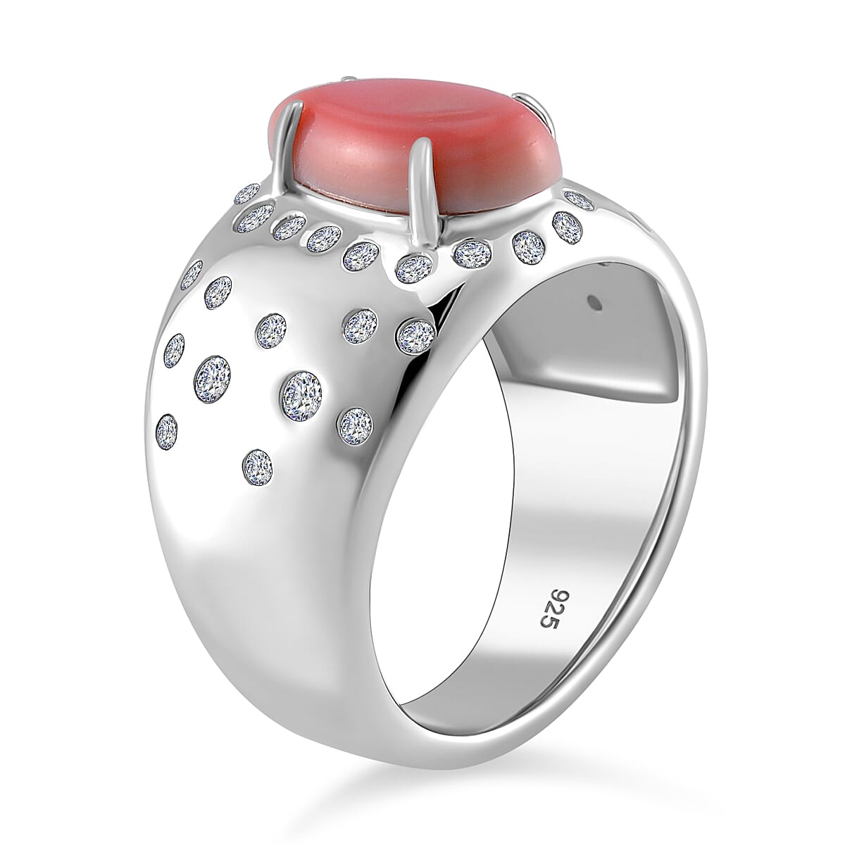 Queen Conch Shell & Zircon Solitaire Ring in Rhodium Overlay Sterling Silver 4.31 Ct.