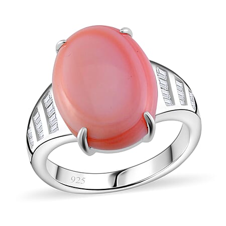 Pink Conch Shell, White Zircon Ring in Rhodium Overlay Sterling Silver, Silver Wt. 5.5 Gms 10.270 Ct. Pink Conch Shell, White Zircon Ring in Rhodium Overlay Sterling Silver, Silver Wt. 5.5 Gms 10.270 Ct.