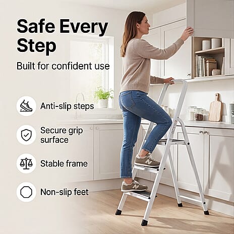 Aluminium 3 Step Ladder With Anti-Slip Mat - White
