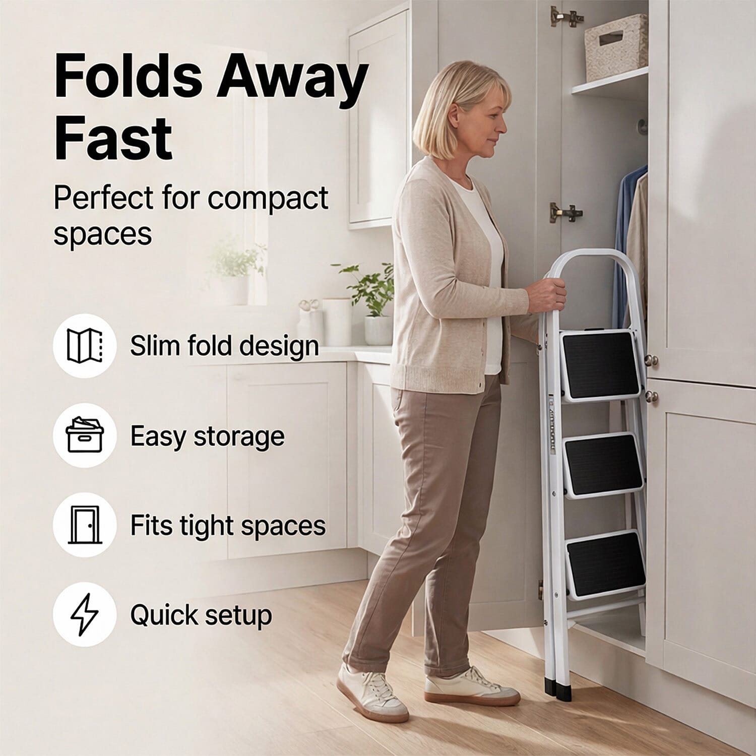 Aluminium 3 Step Ladder With Anti-Slip Mat - White