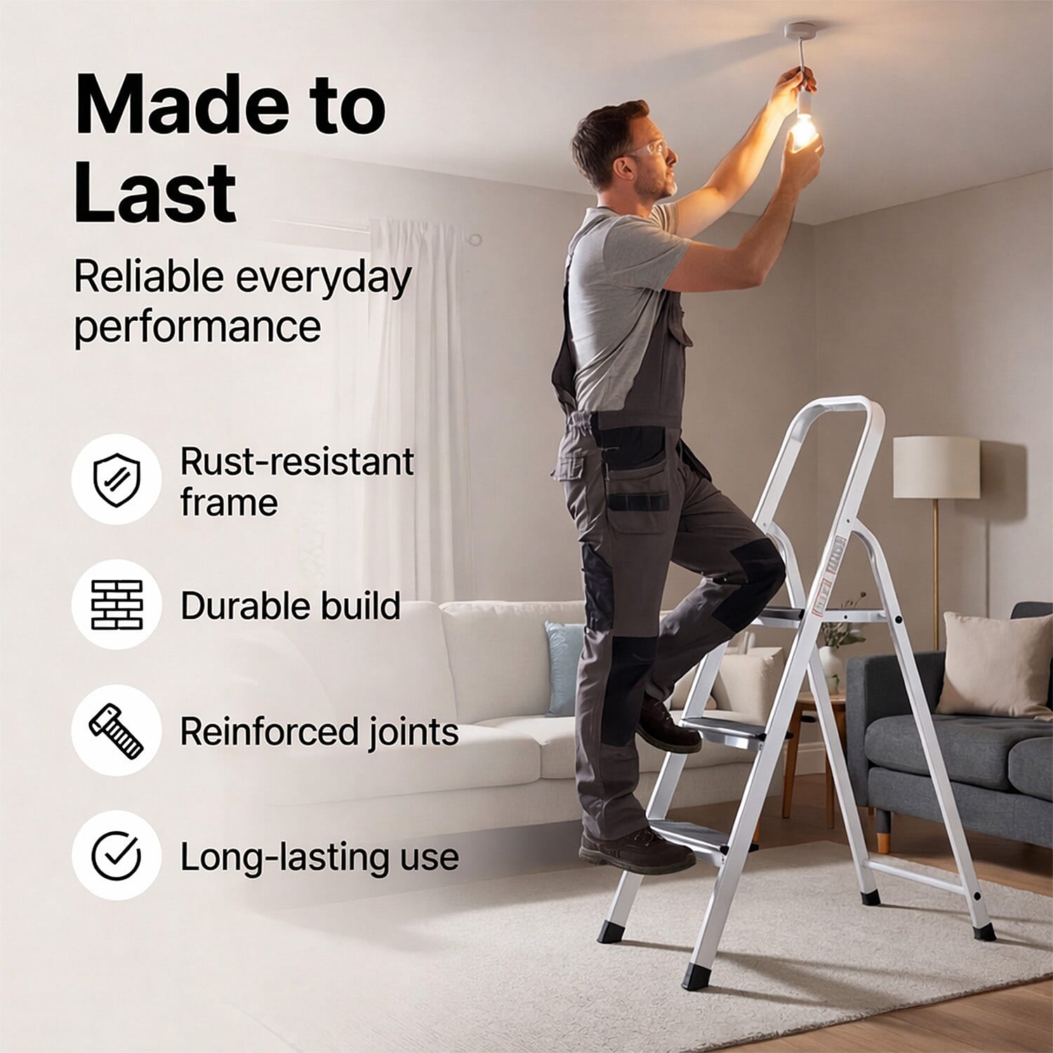 Aluminium 3 Step Ladder With Anti-Slip Mat - White