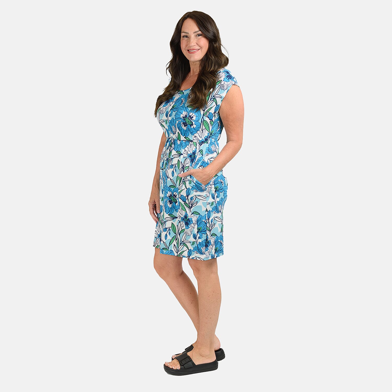 Sugar Crisp Floral & Leaf Pattern Tunic Dress (Size S) - Cobalt