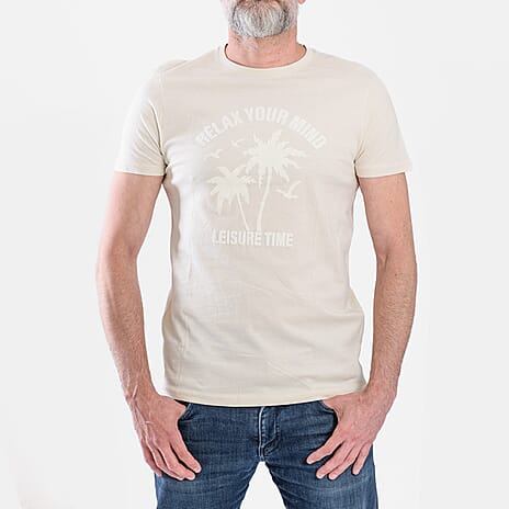 100% Cotton Relax Your Mind Printed Mens T-Shirt (Size L) - Off White