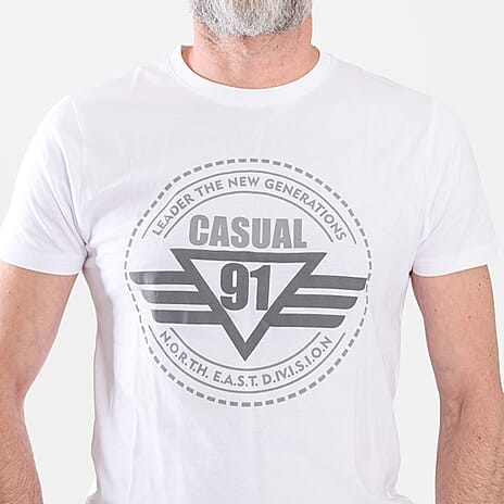 100% Cotton Printed Casual Mens T-Shirt (Size XL) - White
