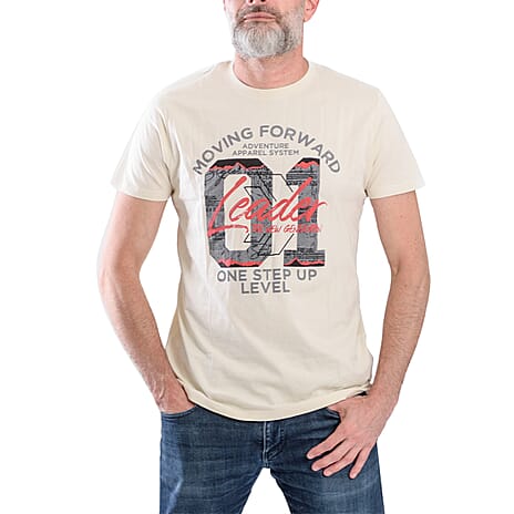 100% Cotton Mens Printed T-Shirt (Size L) - Off White