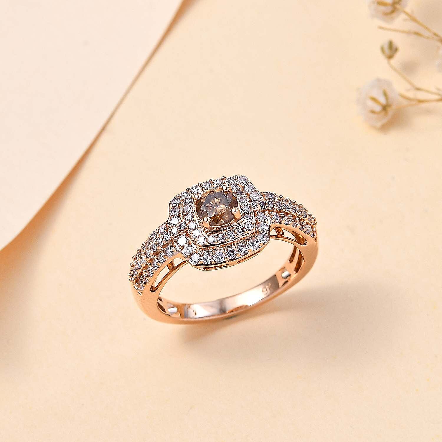 THE RED CARPET - 9K Rose Gold SGL Certified Pink Diamond (0.60 ct) & Champagne Diamond (Center 0.42 ct) Ring 1.02 Ct