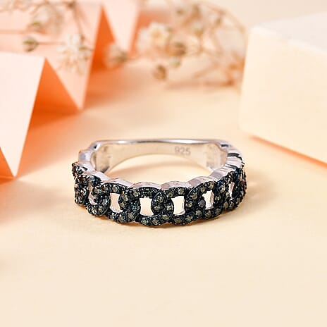 Designer Inspiration  - Blue Diamond Curb Band Ring in Rhodium Overlay Sterling Silver 0.33 ct