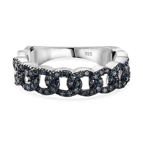 Designer Inspiration  - Blue Diamond Curb Band Ring in Rhodium Overlay Sterling Silver 0.33 ct