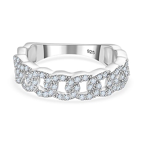 Designer Inspiration - White Diamond Curb Band Ring in Rhodium Overlay Sterling Silver