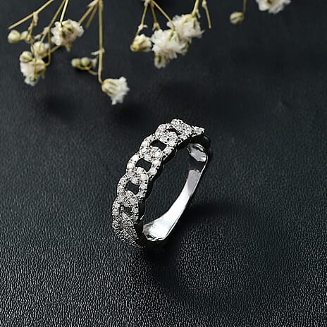 Designer Inspiration - White Diamond Curb Band Ring in Rhodium Overlay Sterling Silver