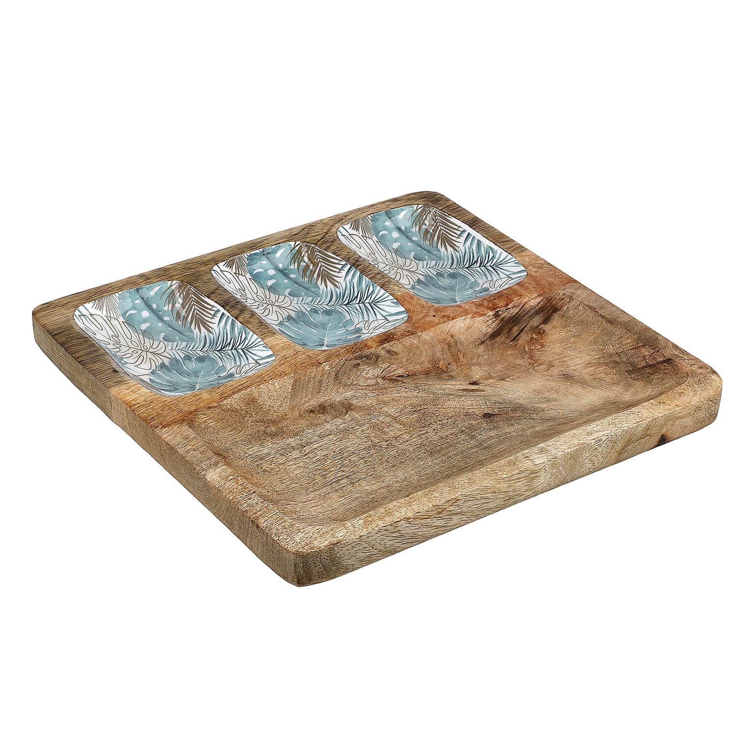 3 Section Mango Wood Platter with Enamelling (Size 25x25 cm)