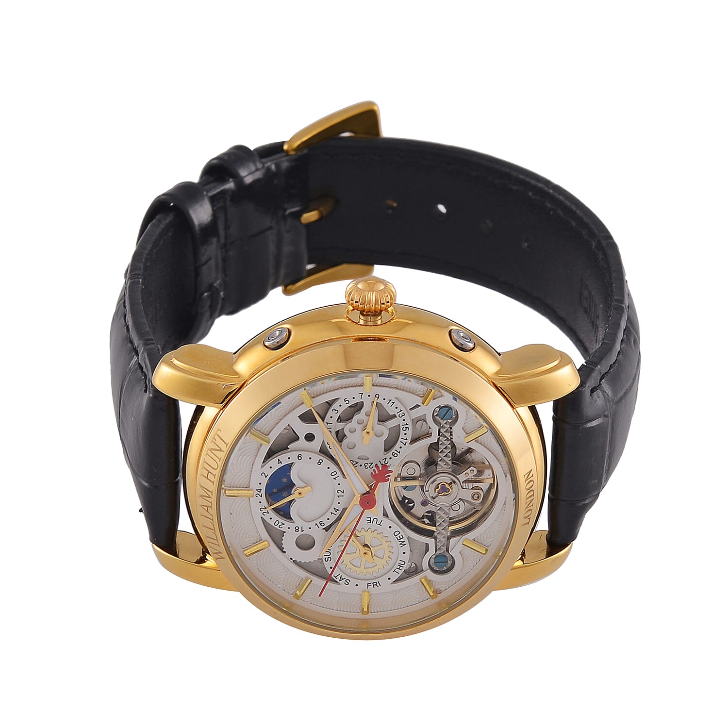 LIMITED EDITION William Hunt London Automatic Movement 5 ATM WR Moon Phase Watch With Black Leather Strap