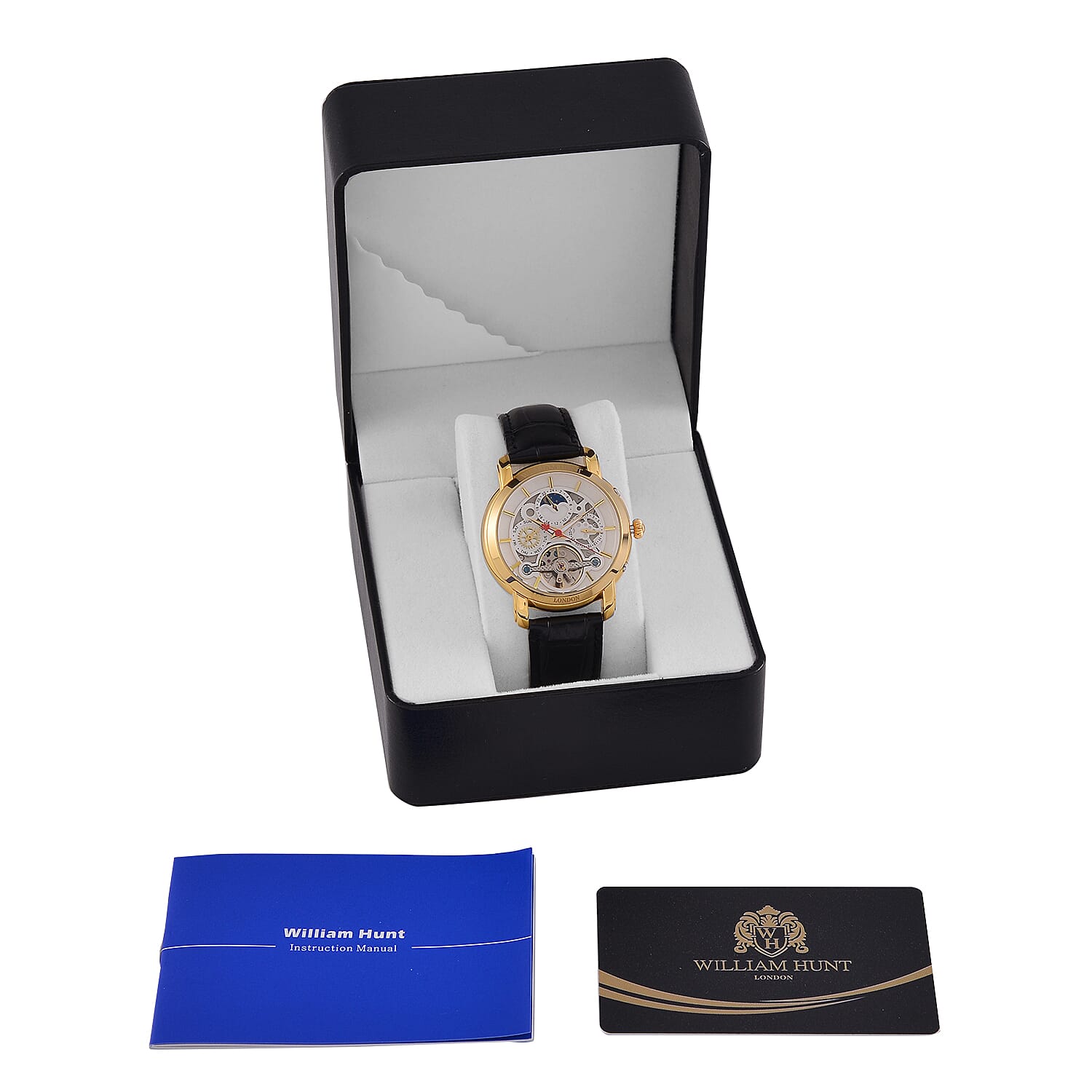 LIMITED EDITION William Hunt London Automatic Movement 5 ATM WR Moon Phase Watch With Black Leather Strap