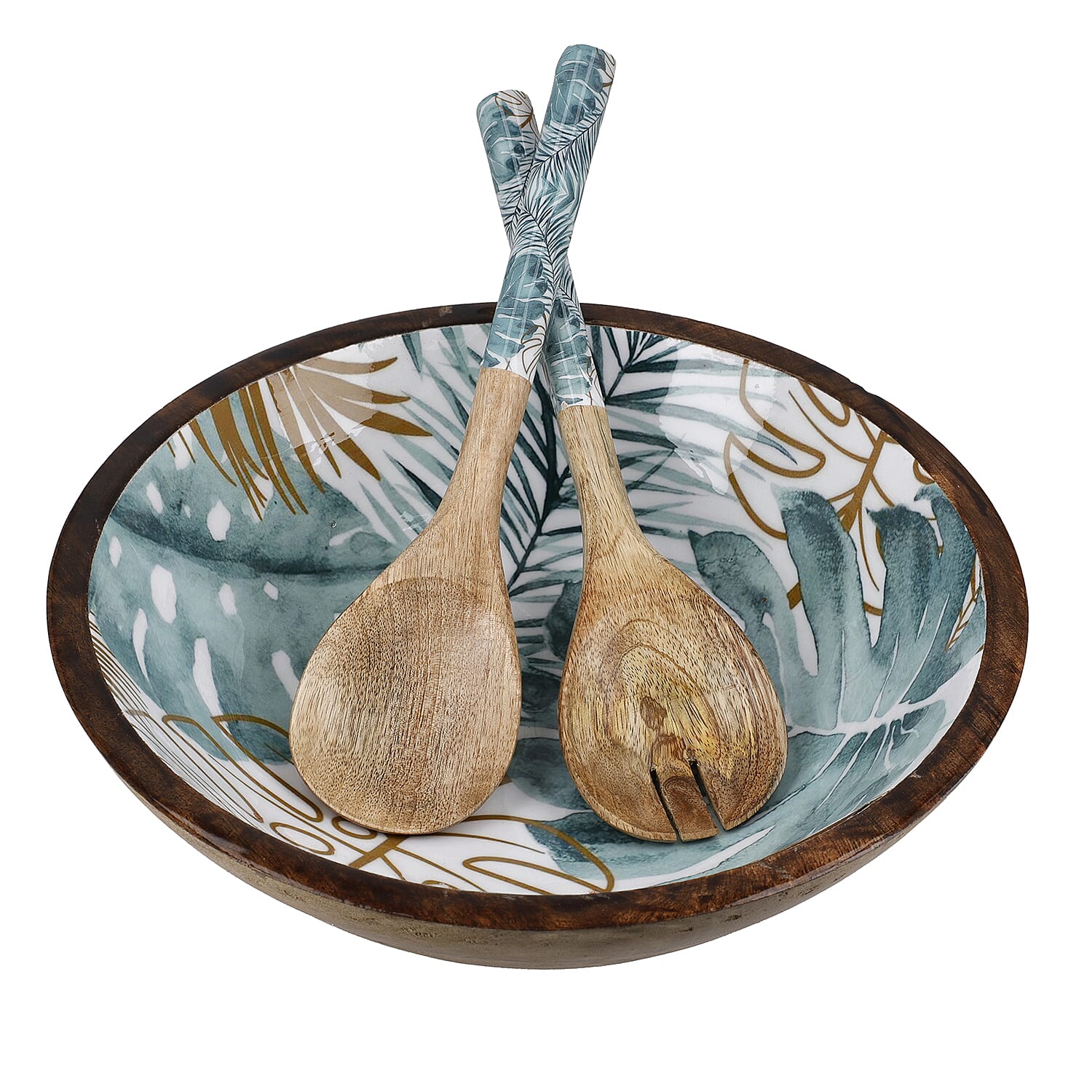 Mango Wood Bowl with Enamelling and 2 Salad Server (Size 30 cm Dia)