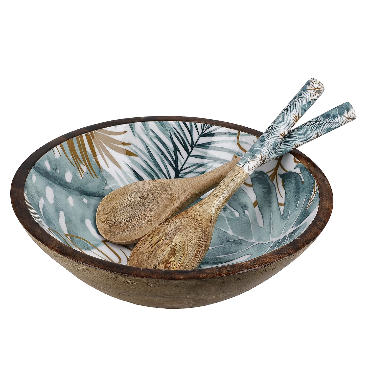 Mango Wood Bowl with Enamelling and 2 Salad Server (Size 30 cm Dia)