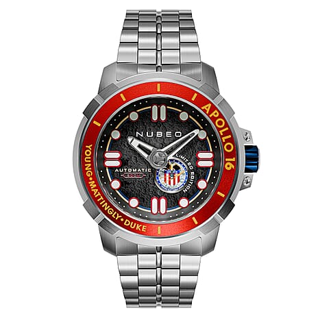 NUBEO APOLLO Automatic Movt. Black Dial 20ATM WR Watch with Stainless Steel Strap - Rover Red