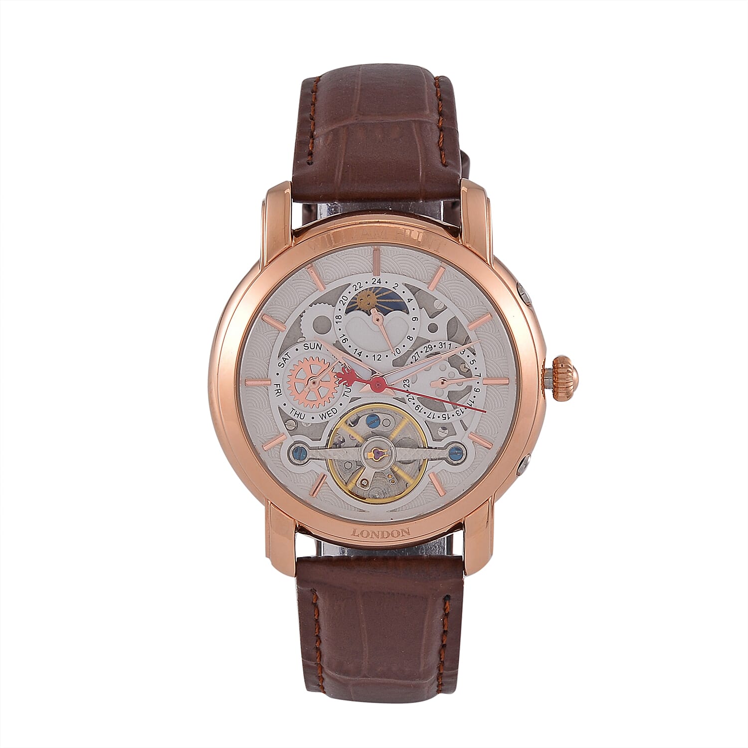 William Hunt Automatic Movt. 5ATM WR White Dial Watch with Brown Genuine Leather Strap