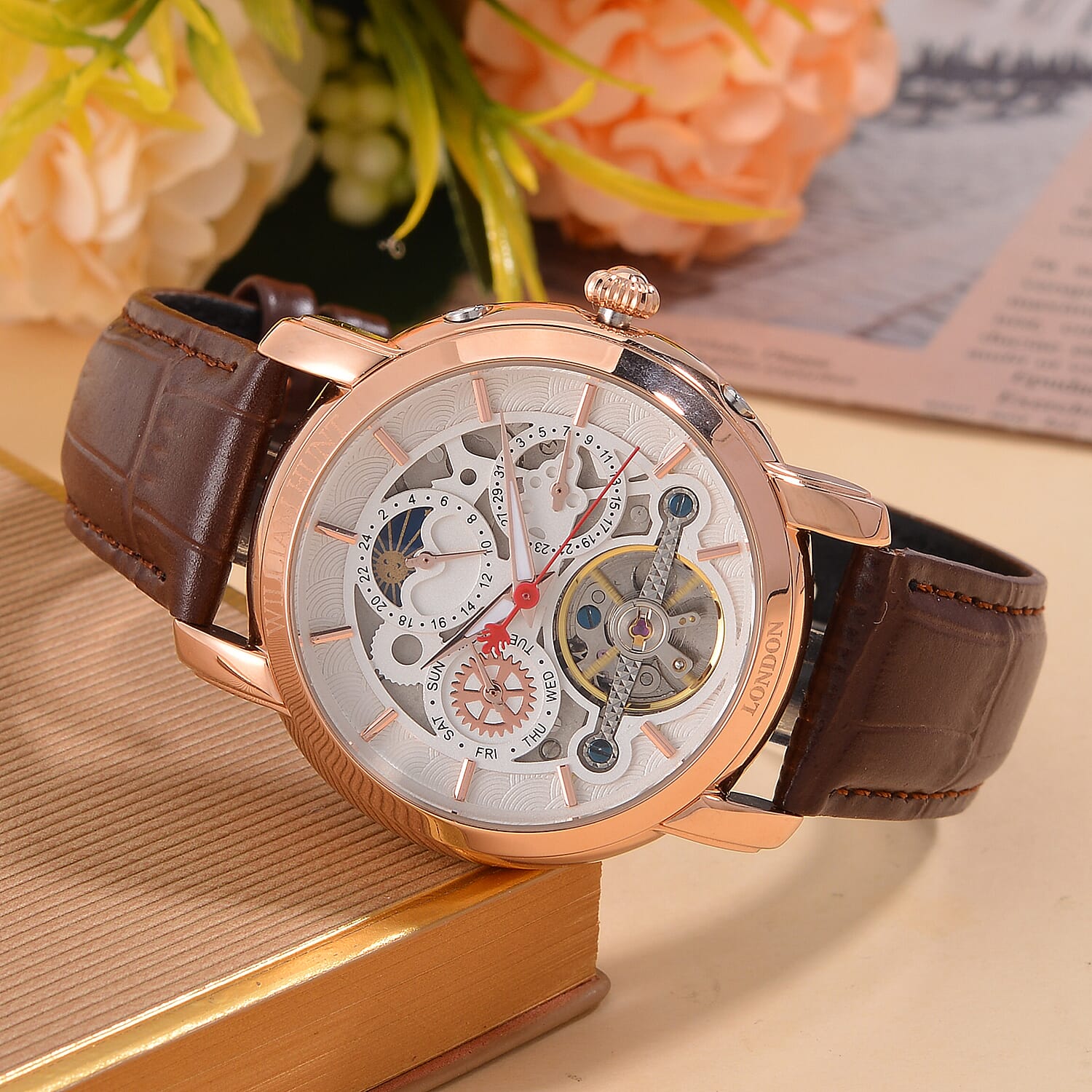 William Hunt Automatic Movt. 5ATM WR White Dial Watch with Brown Genuine Leather Strap