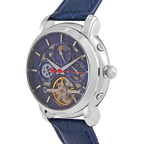 LIMITED EDITION William Hunt London Automatic Movement 5 ATM WR Moon Phase Watch With Blue Leather Strap